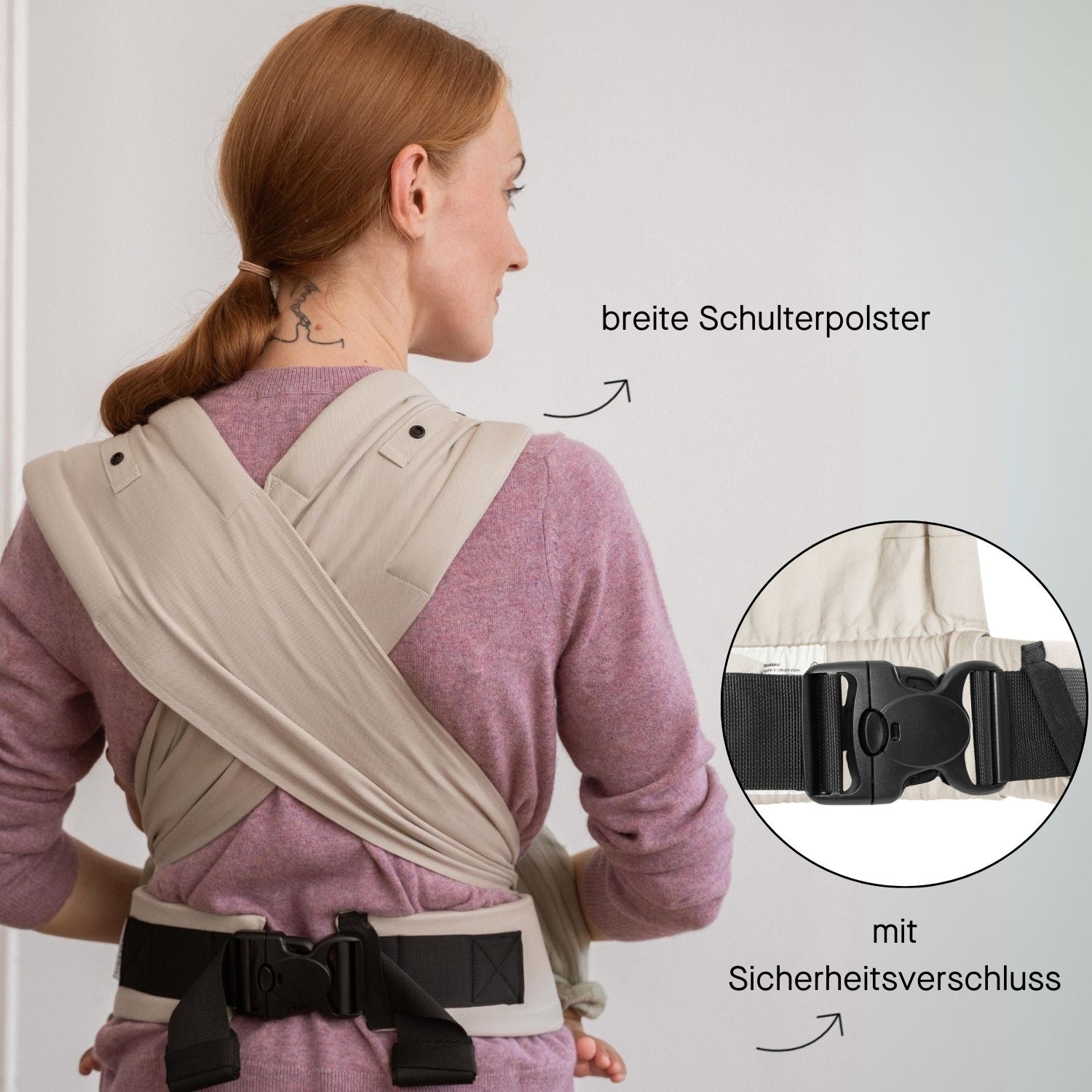Halfbuckle von hinten gezeigt – mit breiten Schulterpolstern und Sicherheitsverschluss.