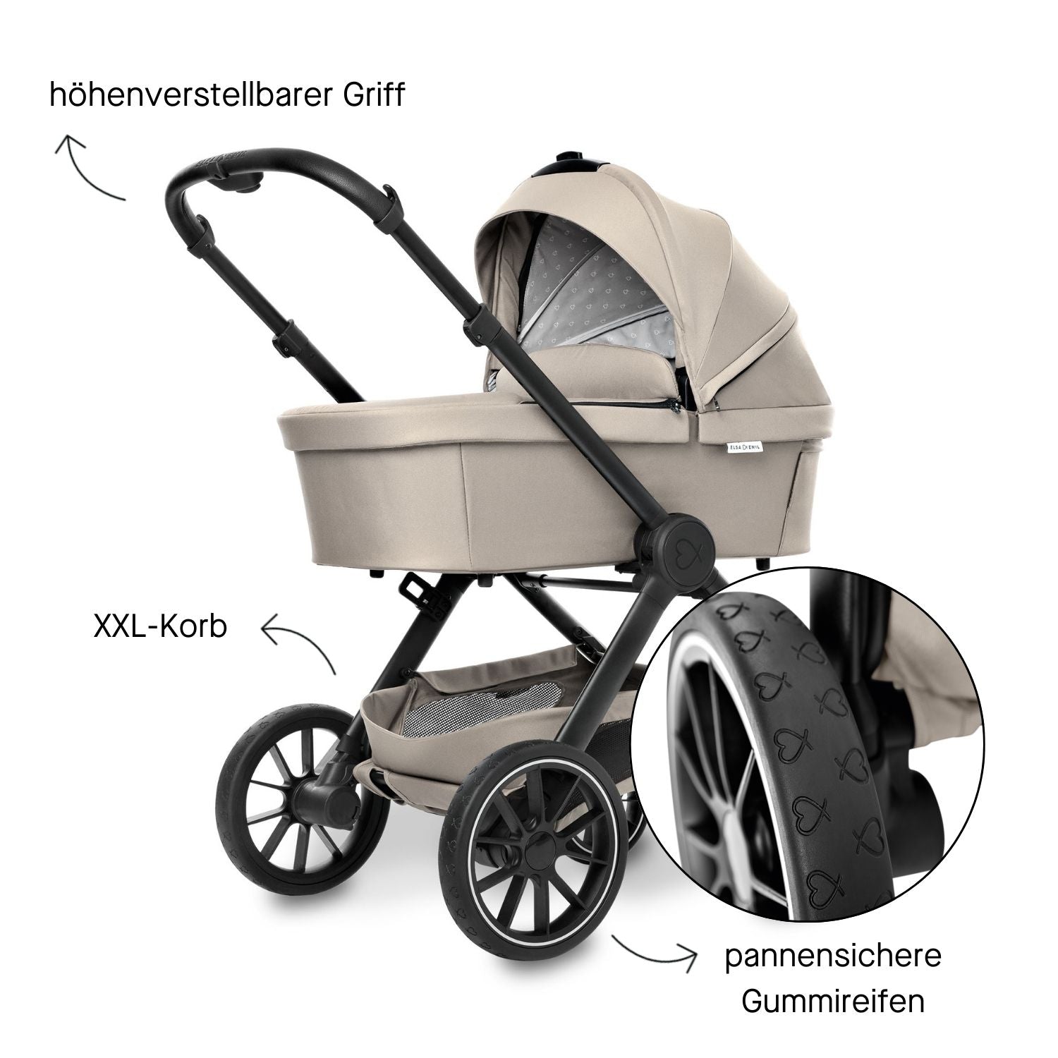 ELSA & EMIL Kinderwagen mit höhenverstellbarem Griff, extra großem Stauraum und pannensicheren Gummireifen mit Herzchenmuster #farbe_kängurubeige