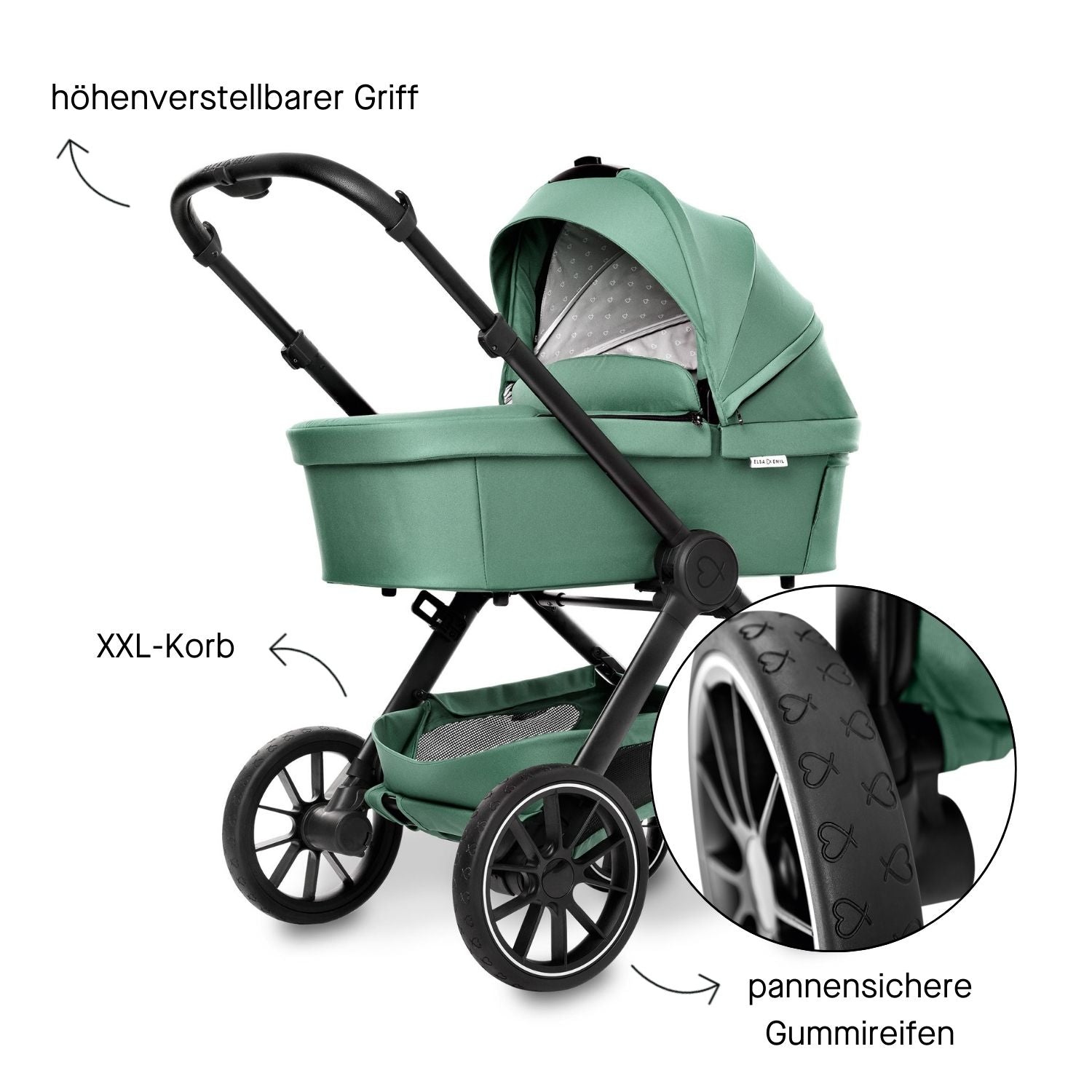 ELSA & EMIL Kinderwagen mit höhenverstellbarem Griff, extra großem Stauraum und pannensicheren Gummireifen mit Herzchenmuster #farbe_krokodilgrün