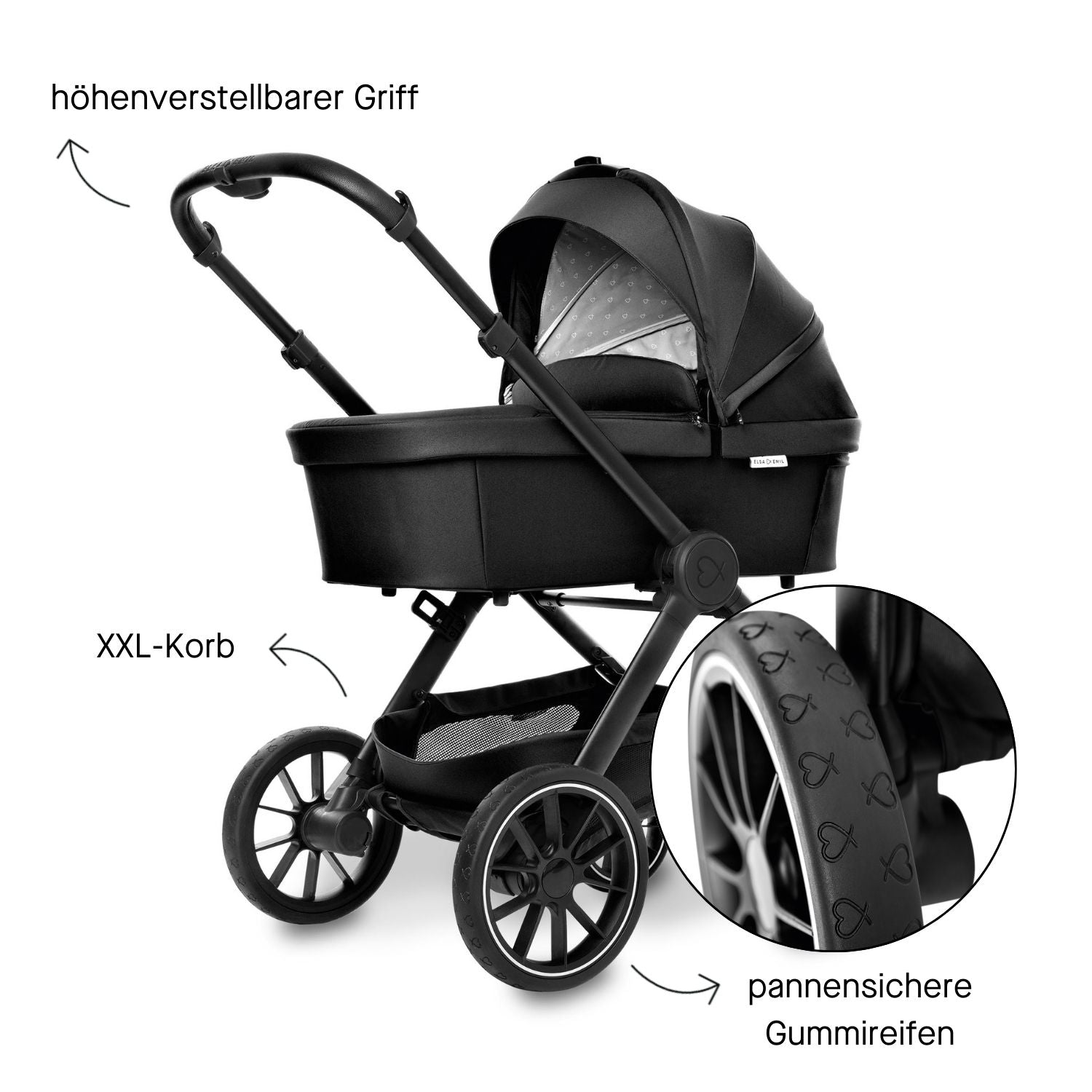 ELSA & EMIL Kinderwagen mit höhenverstellbarem Griff, extra großem Stauraum und pannensicheren Gummireifen mit Herzchenmuster #farbe_gorillaschwarz