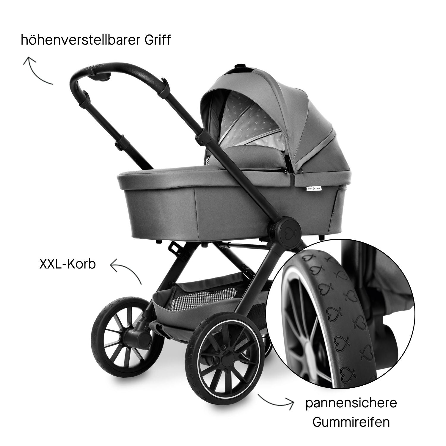 ELSA & EMIL Kinderwagen mit höhenverstellbarem Griff, extra großem Stauraum und pannensicheren Gummireifen mit Herzchenmuster #farbe_elefantengrau