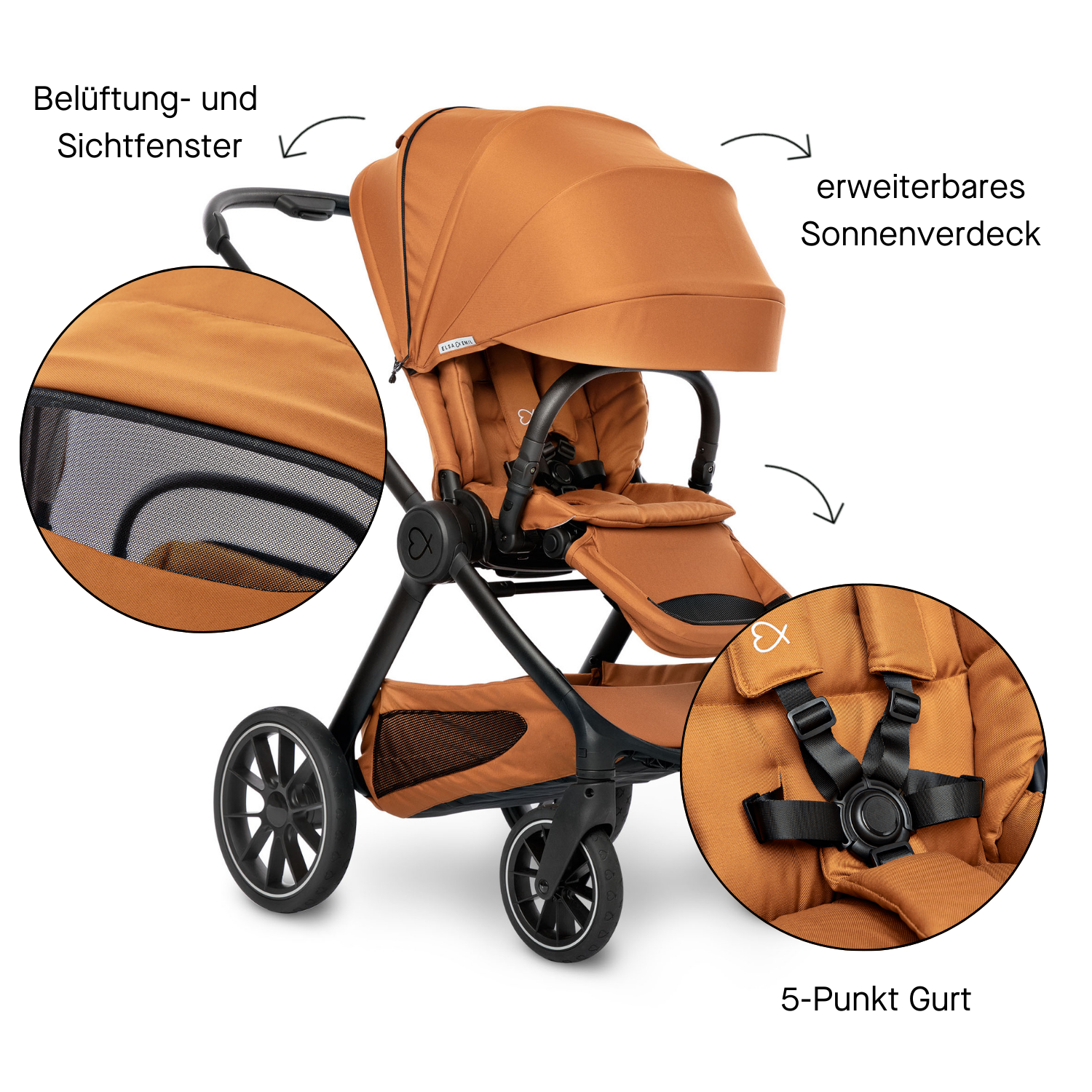 ELSA & EMIL Sportsitz mit Belüftung- und Sichtfenster sowie 5-Punkt Gurt und erweiterbarem Sonnenverdeck