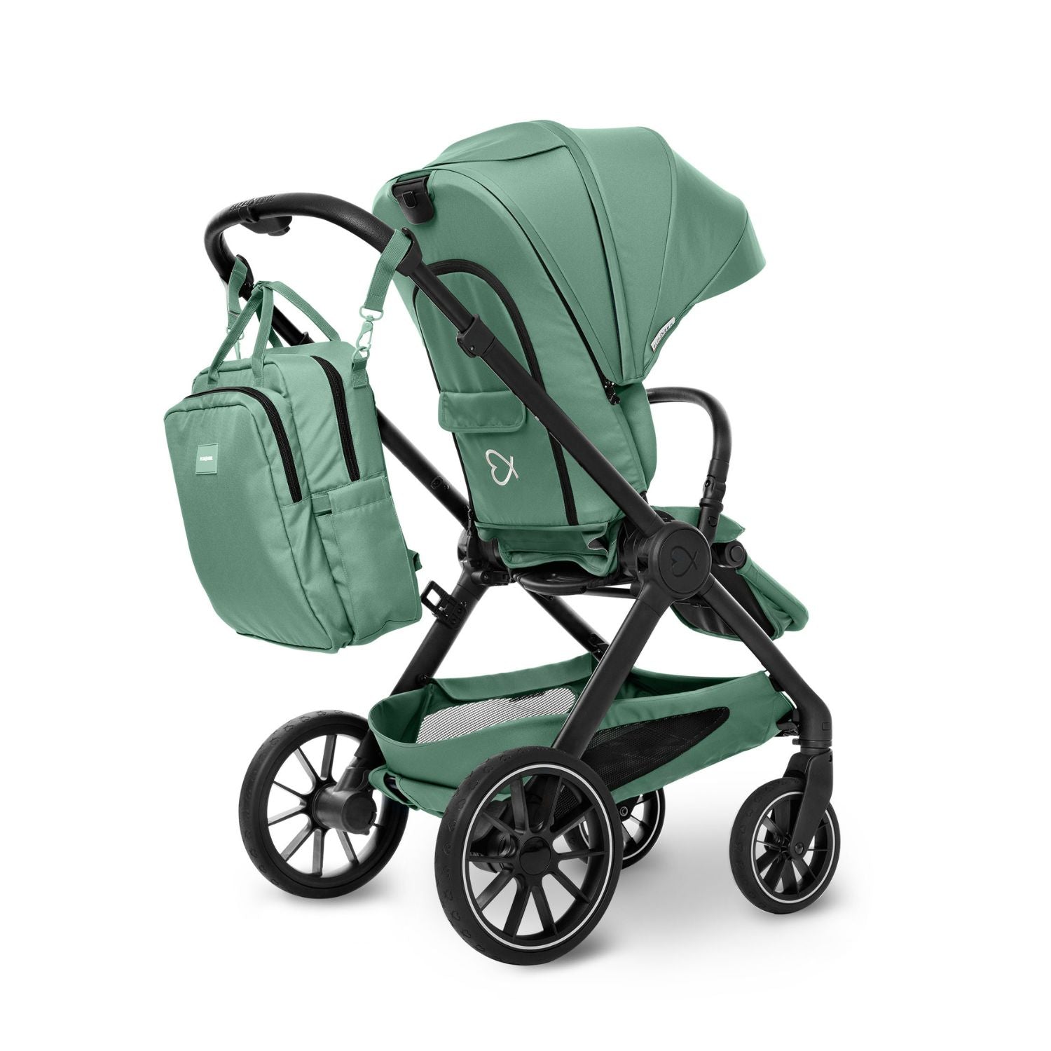 Sportsitz #farbe_krokodilgrün mit Rucksack #farbe_krokodilgrün, am Rahmen hängend