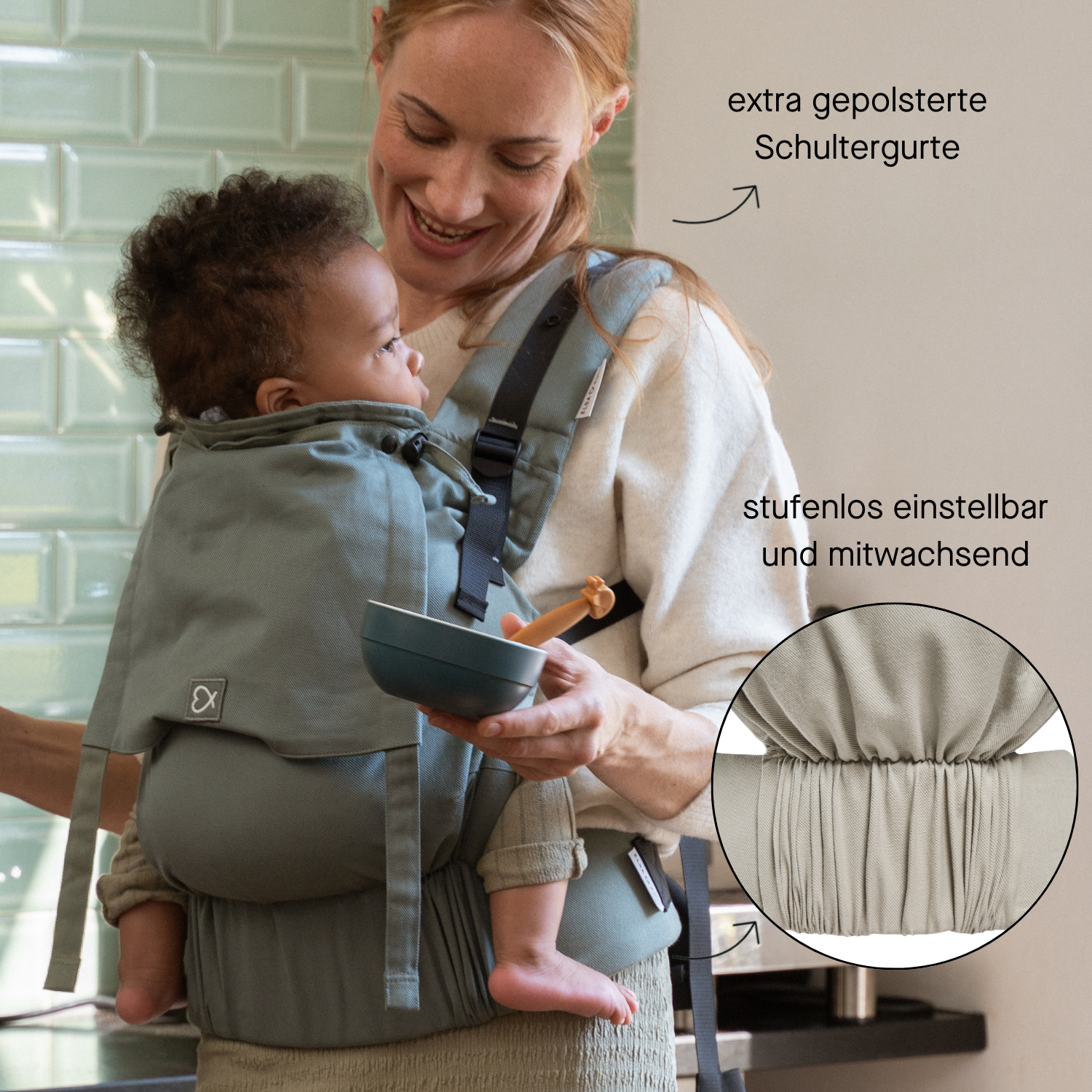 stufenlose, einstellbare und mitwachsende Fullbuckle mit extra gepolsterten Schultergurten