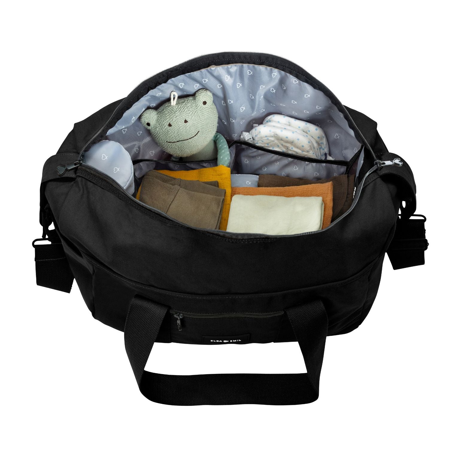 Innenansicht der Wickeltasche (gefüllt) #farbe_gorillaschwarz