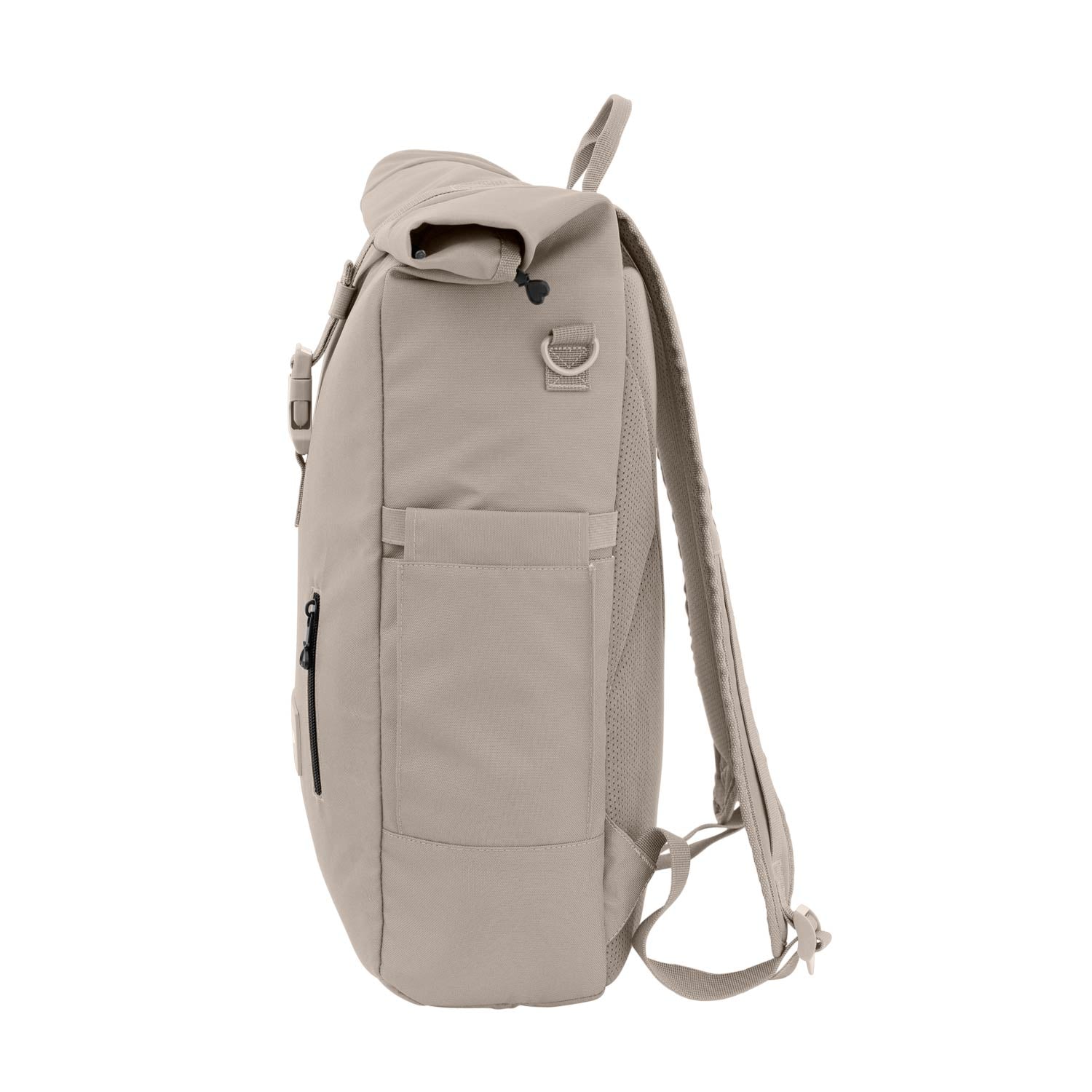 Rolltop Rucksack von der linken Seite #farbe_kängurubeige
